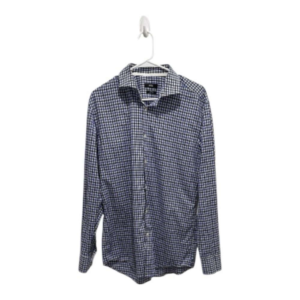 Boss Hugo Mens Shirt 42 16.5 Button Down Regular Fit White Blue Checkered Plaid
